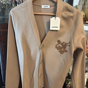Sandro Tan Cardigan Sweater with Decorative Dragon Detail